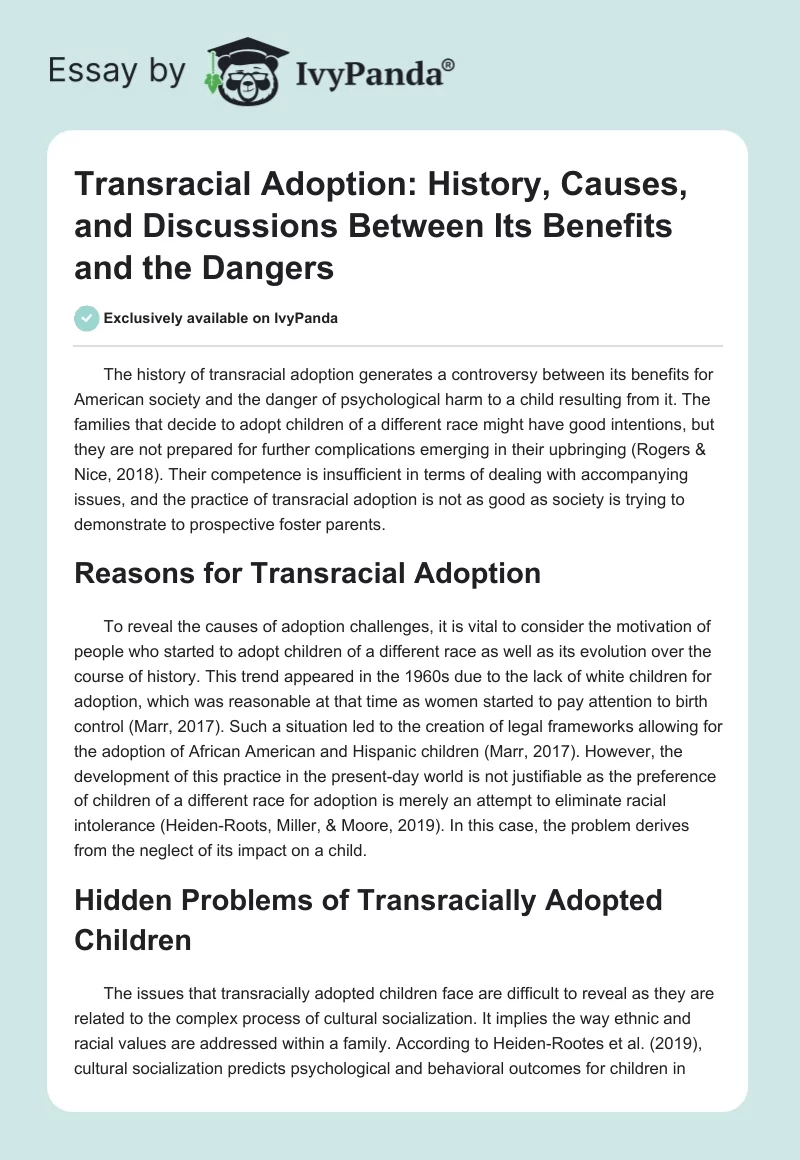 Transracial Adoption: History, Causes, and Discussions Between Its Benefits and the Dangers. Page 1