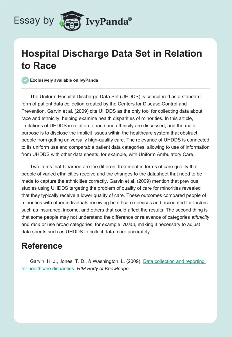 Hospital Discharge Data Set in Relation to Race. Page 1