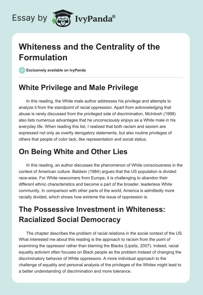 Whiteness and the Centrality of the Formulation. Page 1