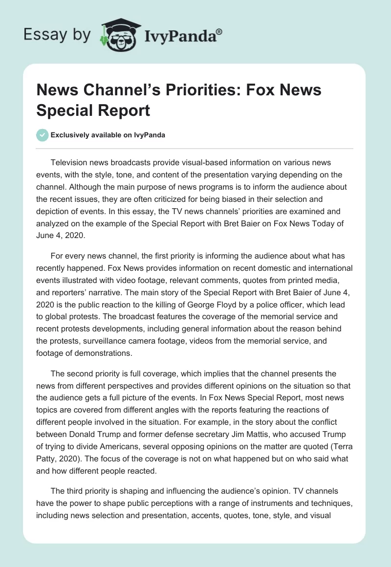 News Channel’s Priorities: Fox News Special Report. Page 1
