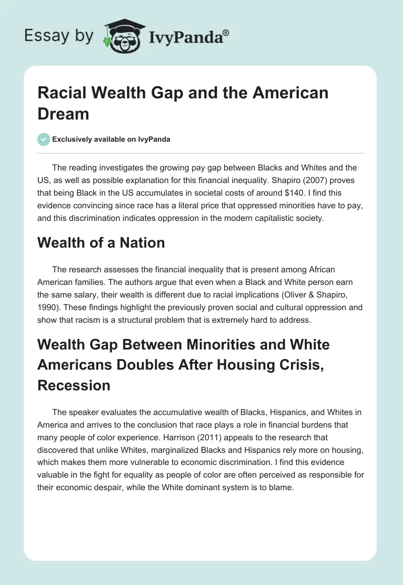 Racial Wealth Gap and the American Dream. Page 1