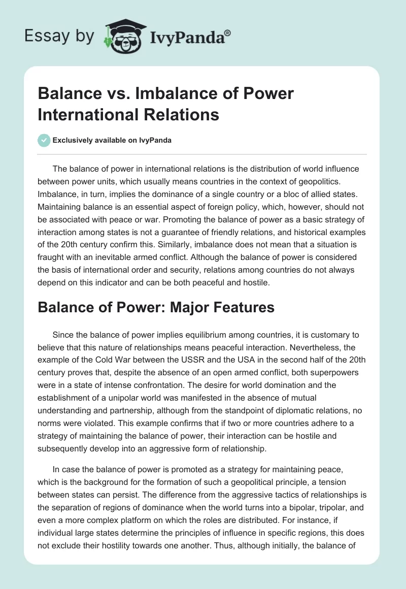 Balance vs. Imbalance of Power International Relations. Page 1