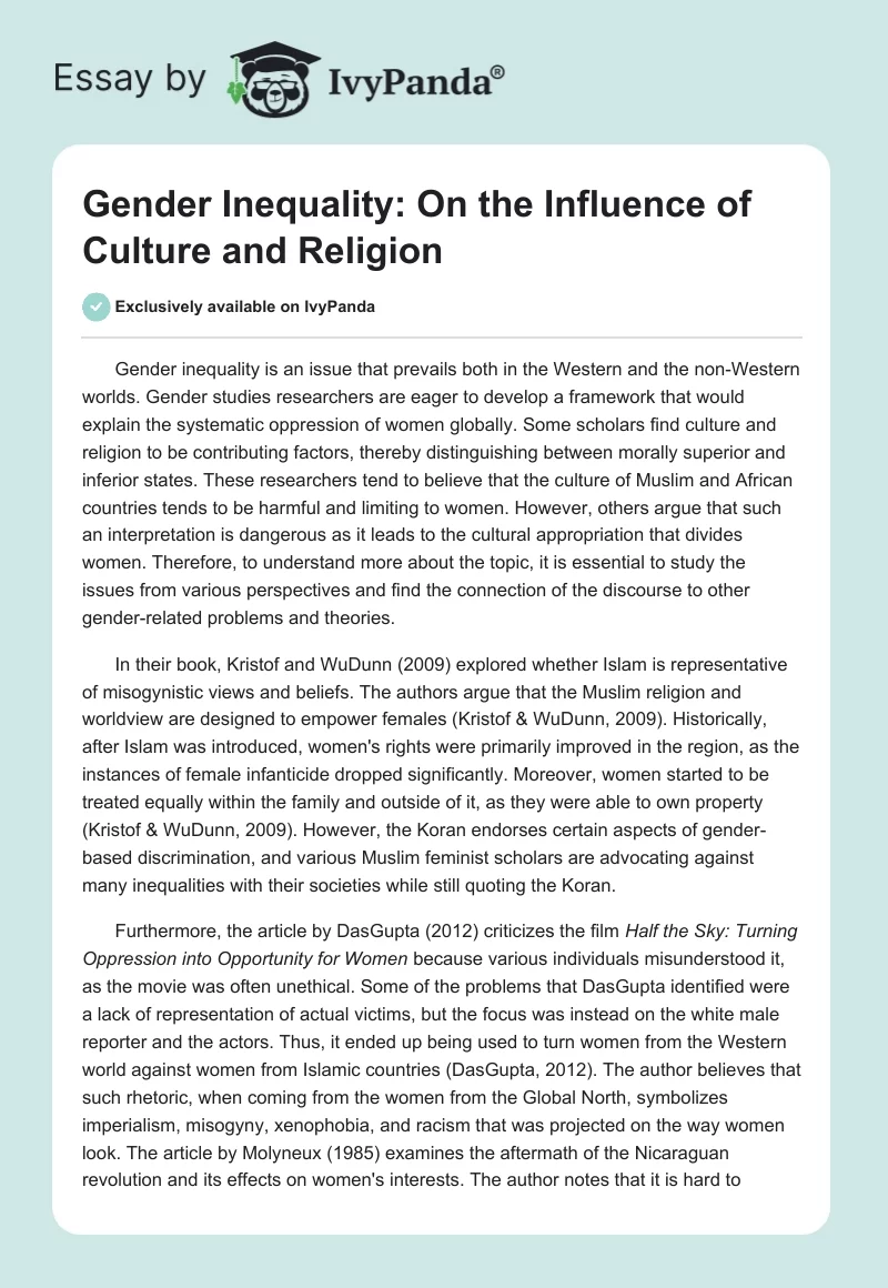 Gender Inequality: On the Influence of Culture and Religion. Page 1