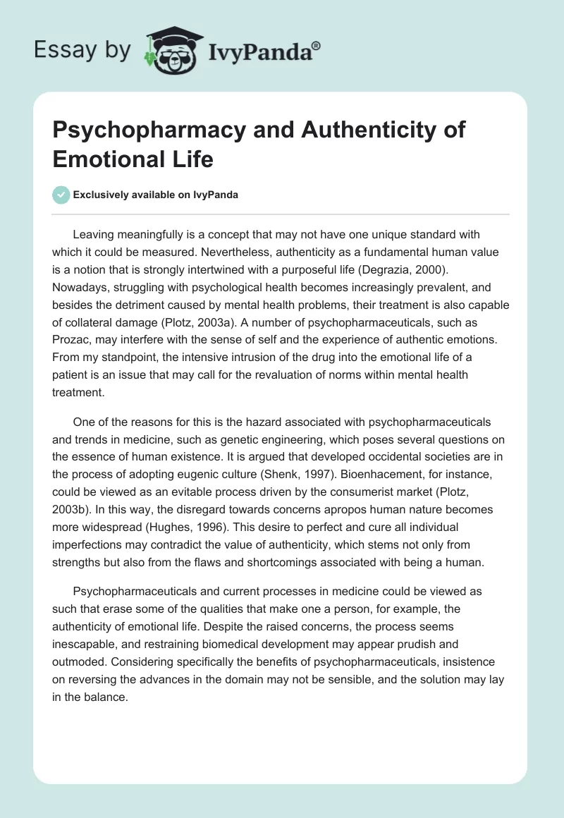 Psychopharmacy and Authenticity of Emotional Life. Page 1