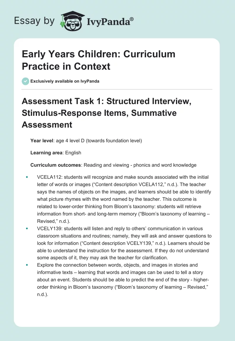 Early Years Children: Curriculum Practice in Context. Page 1