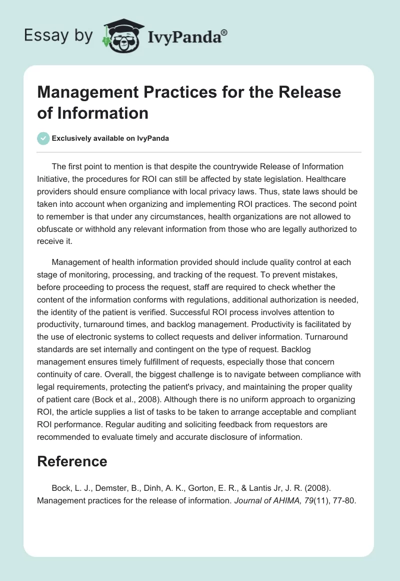 Management Practices for the Release of Information. Page 1