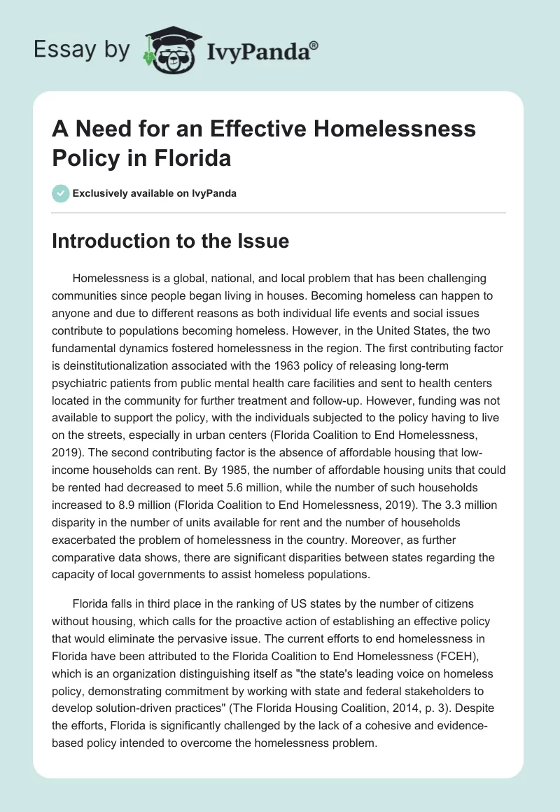 A Need for an Effective Homelessness Policy in Florida. Page 1