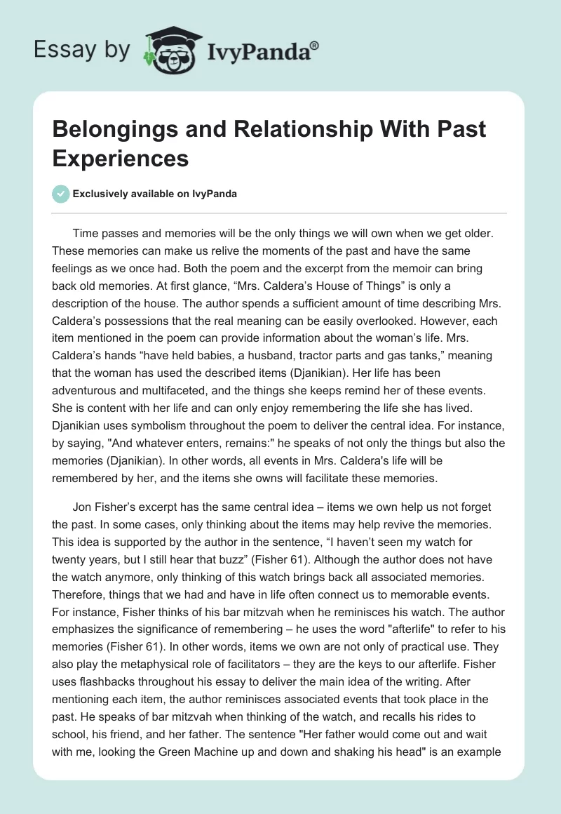 Belongings and Relationship With Past Experiences. Page 1
