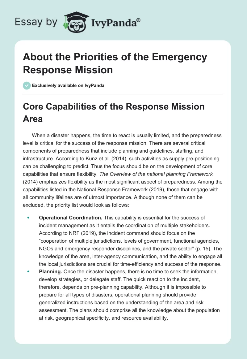 About the Priorities of the Emergency Response Mission. Page 1