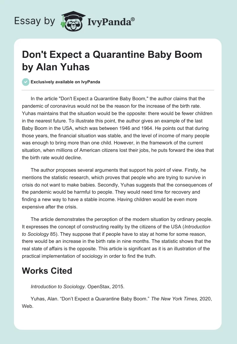 "Don't Expect a Quarantine Baby Boom" by Alan Yuhas. Page 1