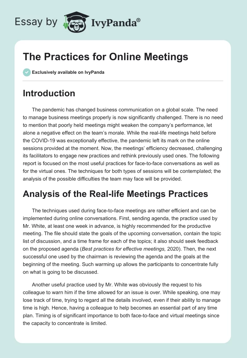 The Practices for Online Meetings. Page 1