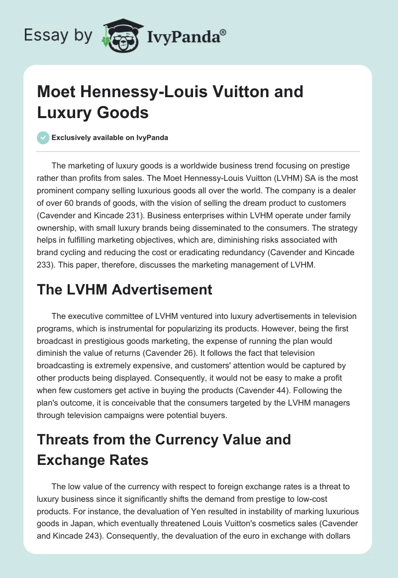 Moet Hennessy-Louis Vuitton and Luxury Goods - 581 Words | Case Study ...
