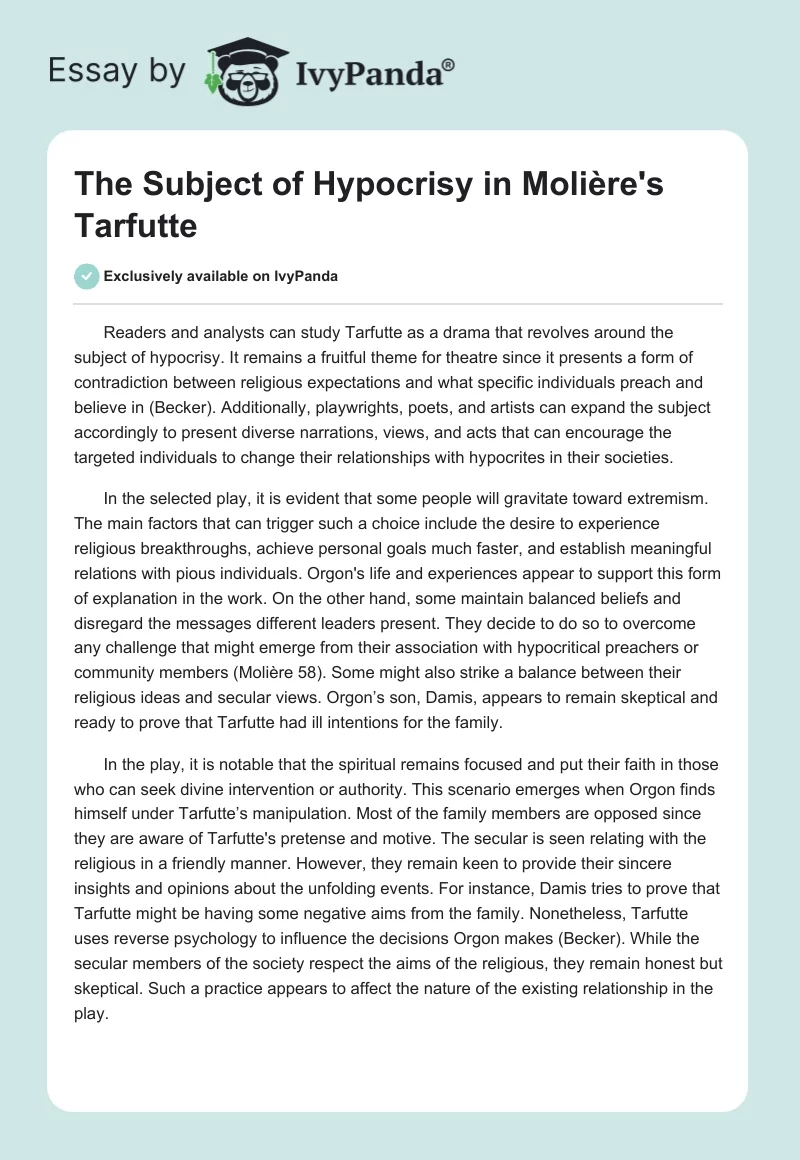 The Subject of Hypocrisy in Molière's "Tarfutte". Page 1