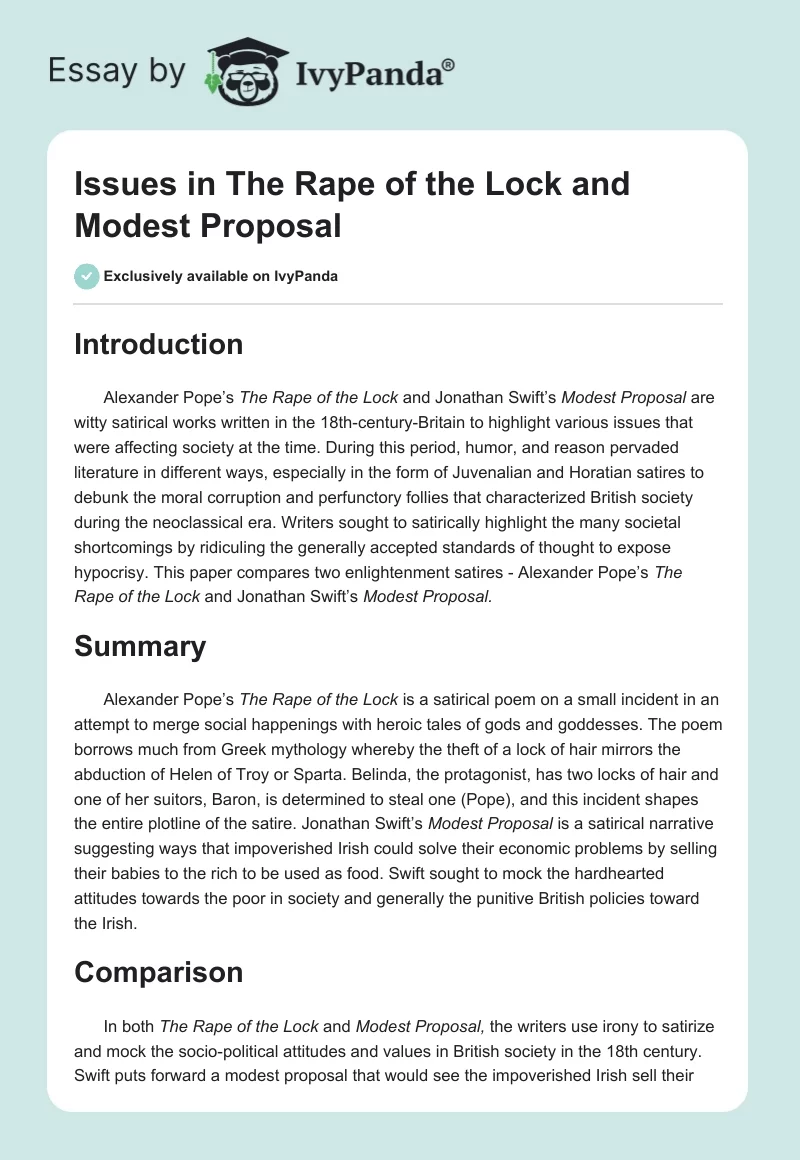 Issues in "The Rape of the Lock" and "Modest Proposal". Page 1