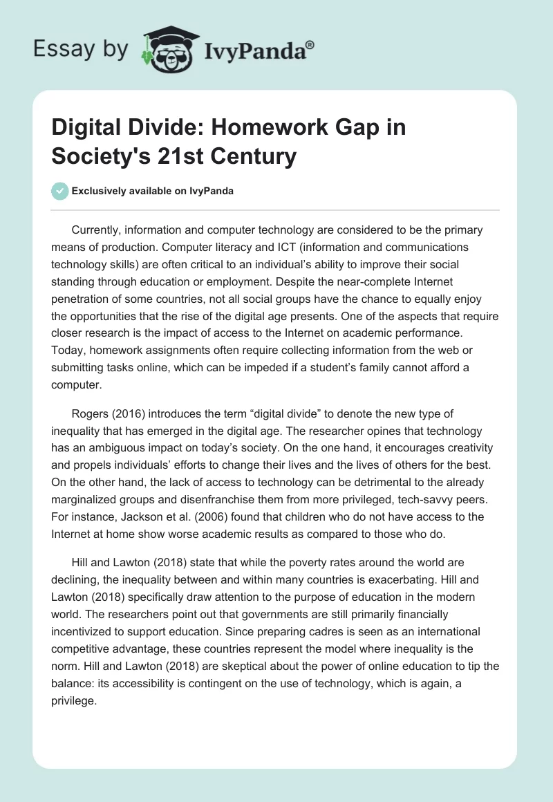 Digital Divide: Homework Gap in Society's 21st Century. Page 1