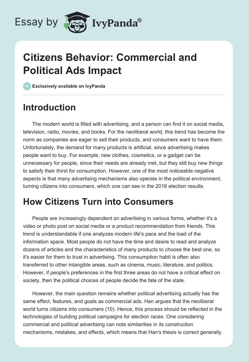Citizens Behavior: Commercial and Political Ads Impact. Page 1