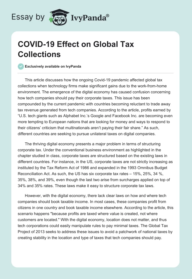 COVID-19 Effect on Global Tax Collections. Page 1