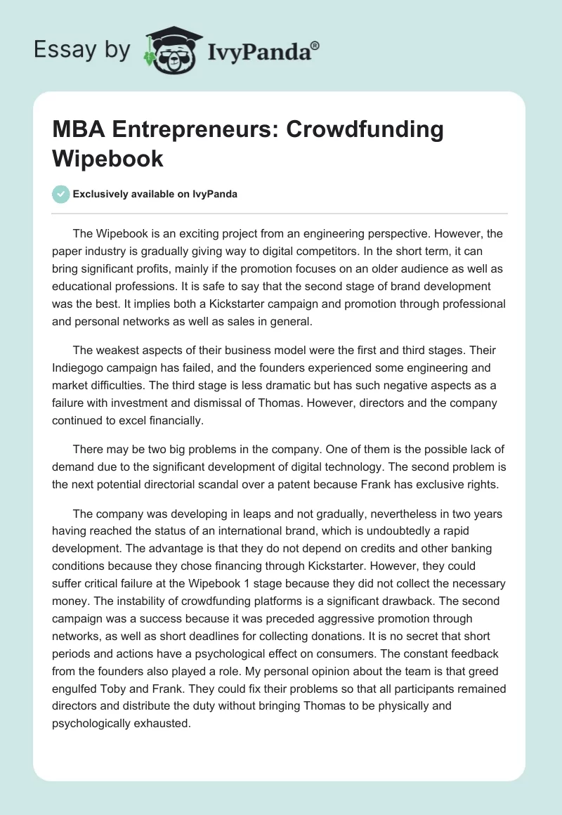 MBA Entrepreneurs: Crowdfunding Wipebook. Page 1