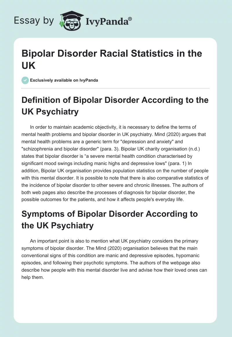Bipolar Disorder Racial Statistics in the UK. Page 1