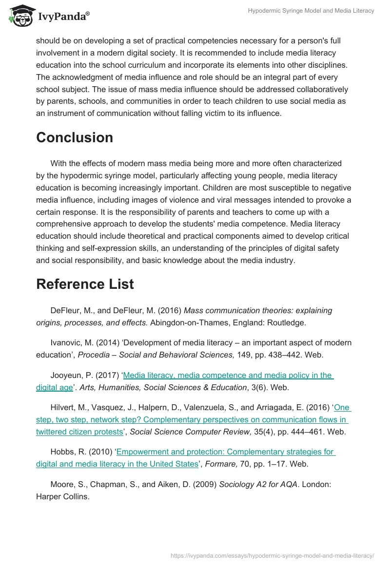 Hypodermic Syringe Model and Media Literacy. Page 4