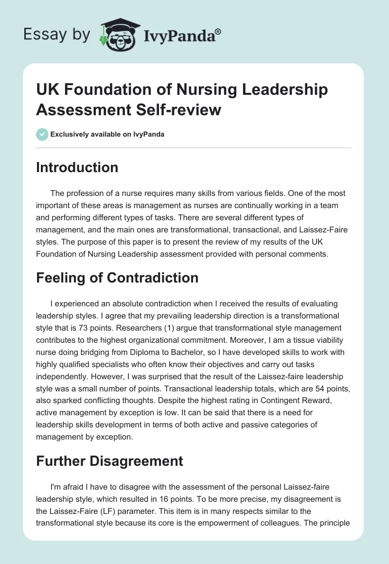 UK Foundation of Nursing Leadership Assessment Self-review. Page 1