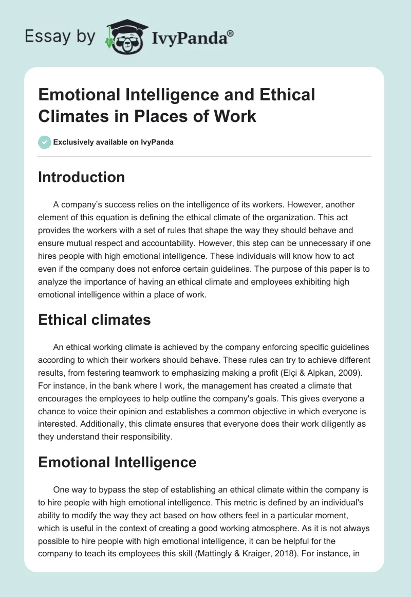 Emotional Intelligence and Ethical Climates in Places of Work. Page 1