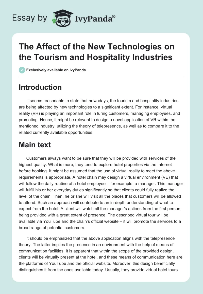 The Affect of the New Technologies on the Tourism and Hospitality Industries. Page 1
