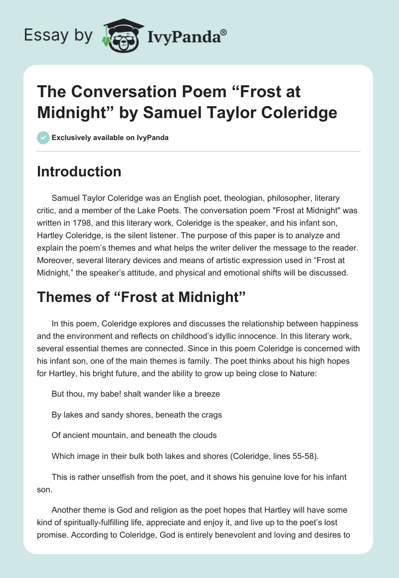 The Conversation Poem “Frost at Midnight” by Samuel Taylor Coleridge. Page 1