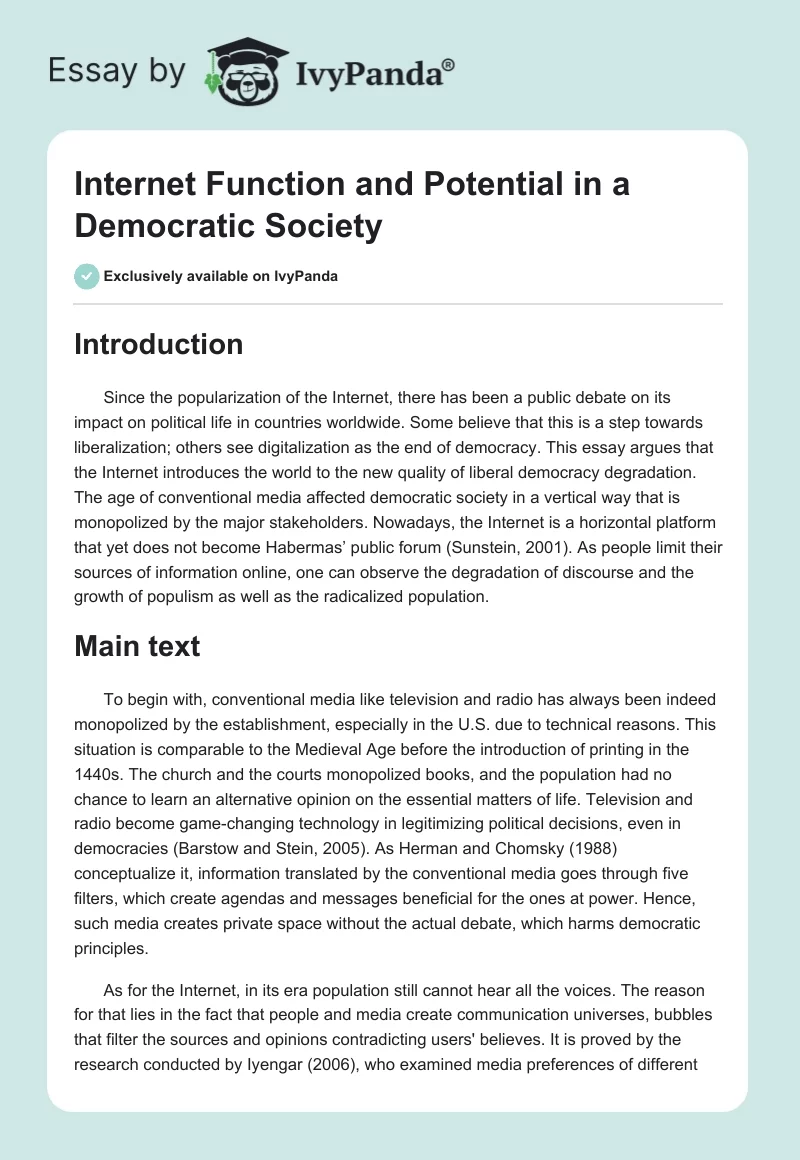 Internet Function and Potential in a Democratic Society. Page 1