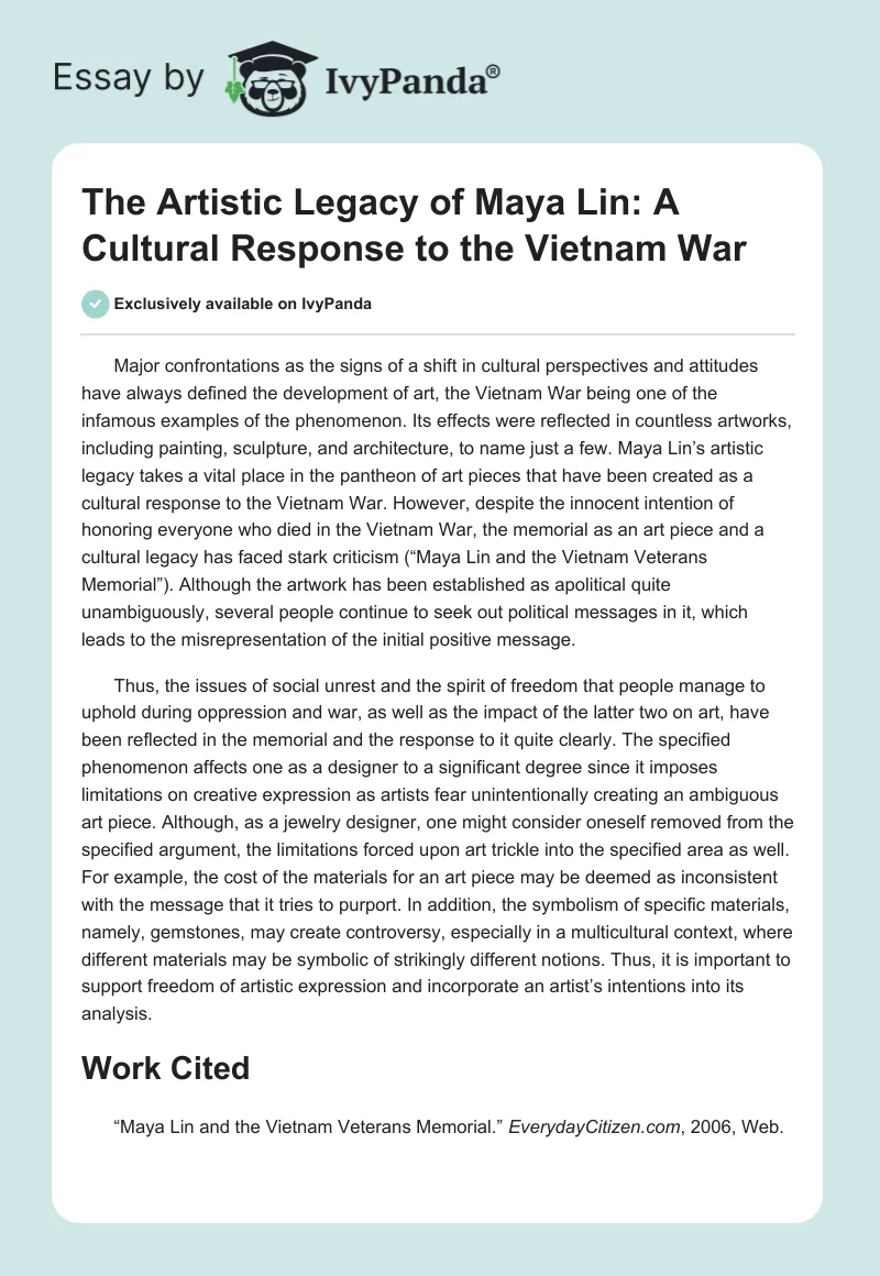 The Artistic Legacy of Maya Lin: A Cultural Response to the Vietnam War. Page 1