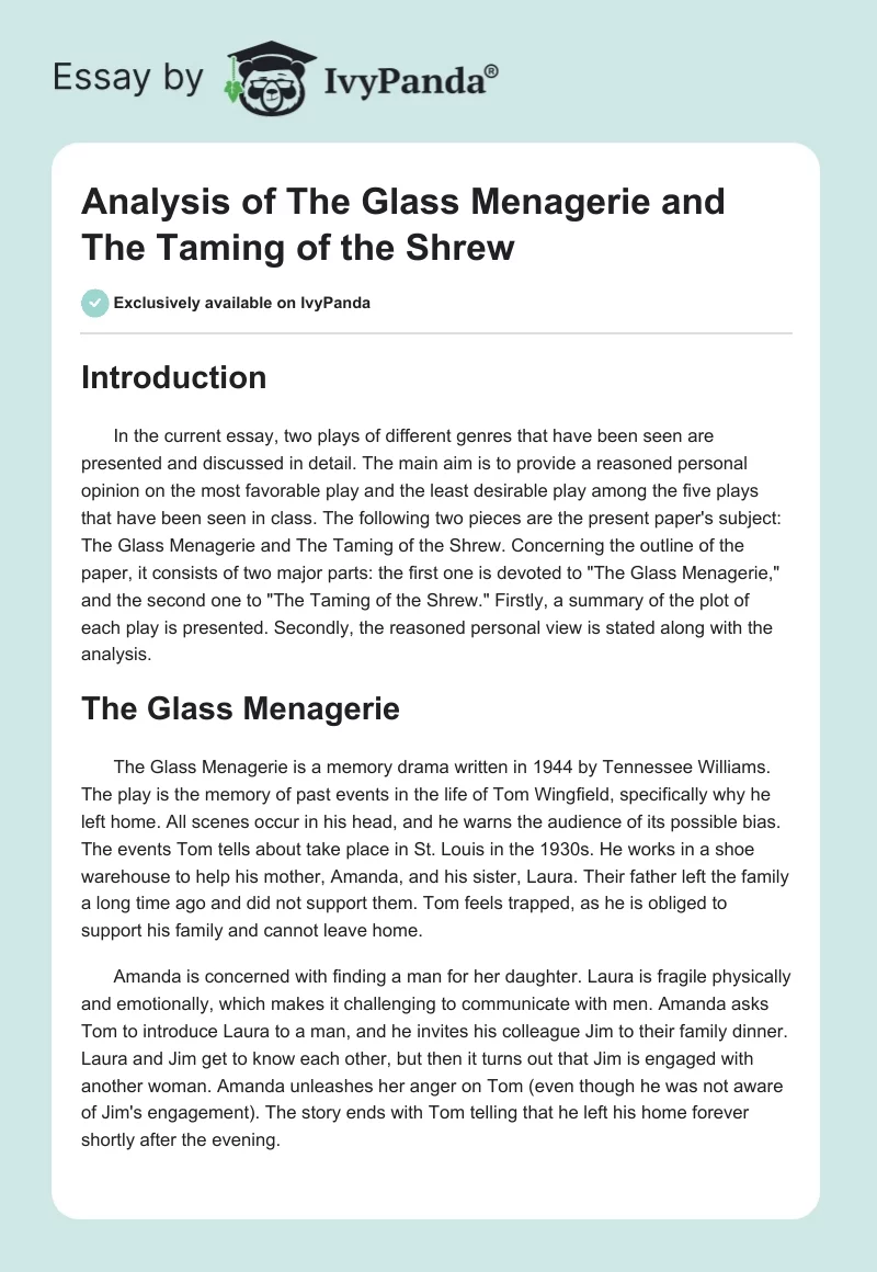 Analysis of "The Glass Menagerie" and "The Taming of the Shrew". Page 1