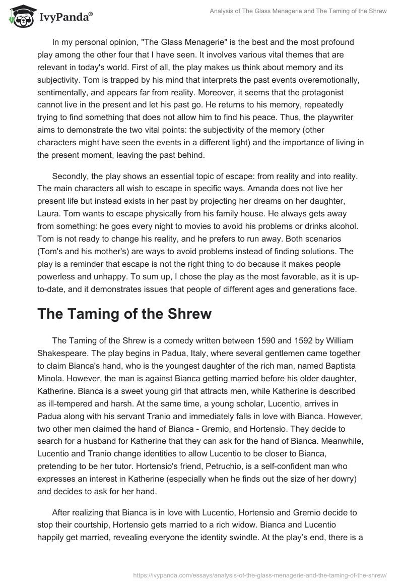 Analysis of "The Glass Menagerie" and "The Taming of the Shrew". Page 2