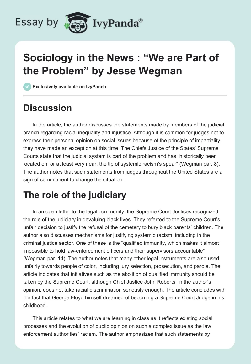 Sociology in the News : “We are Part of the Problem” by Jesse Wegman. Page 1