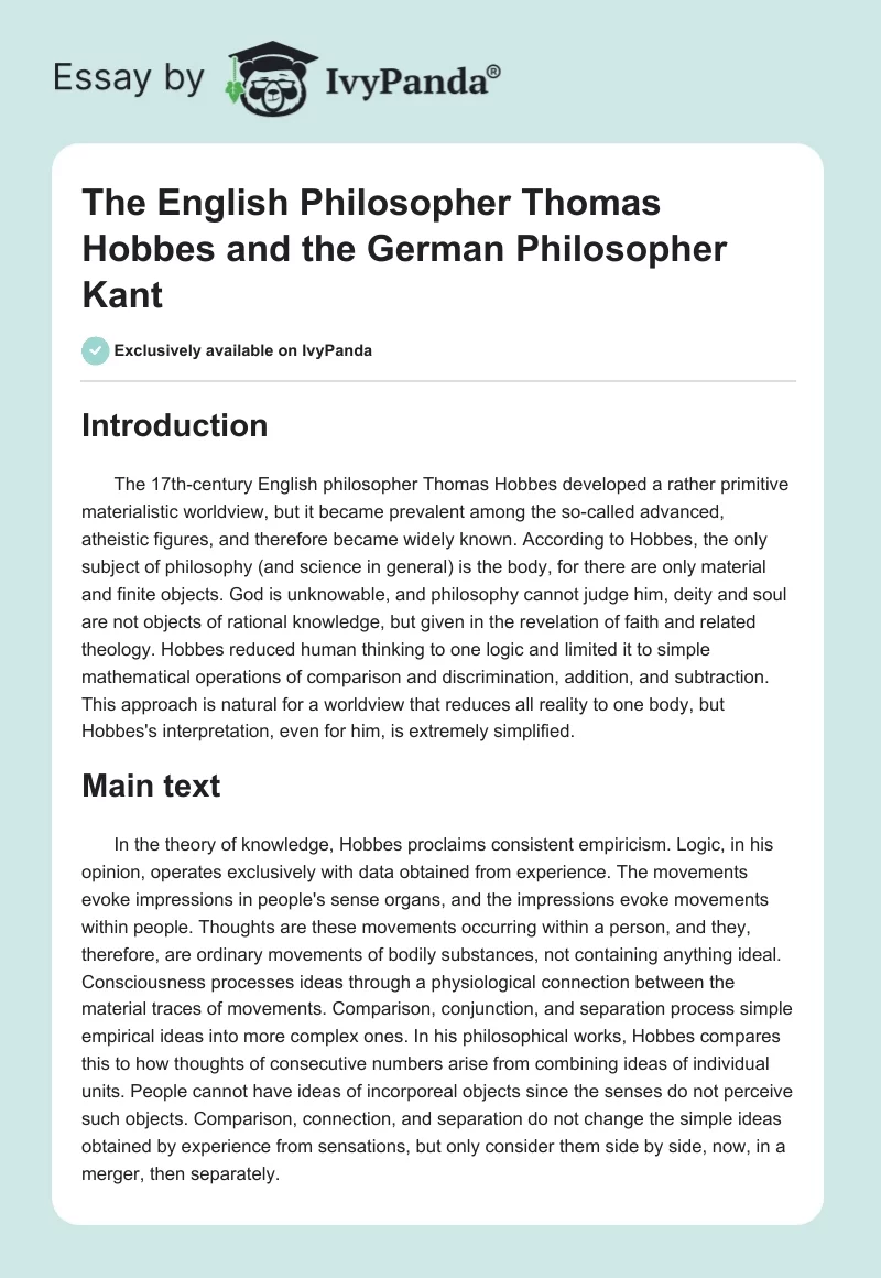 The English Philosopher Thomas Hobbes and the German Philosopher Kant. Page 1