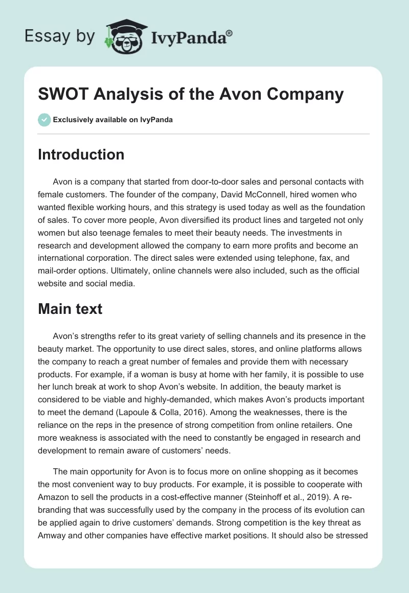 SWOT Analysis of the Avon Company. Page 1
