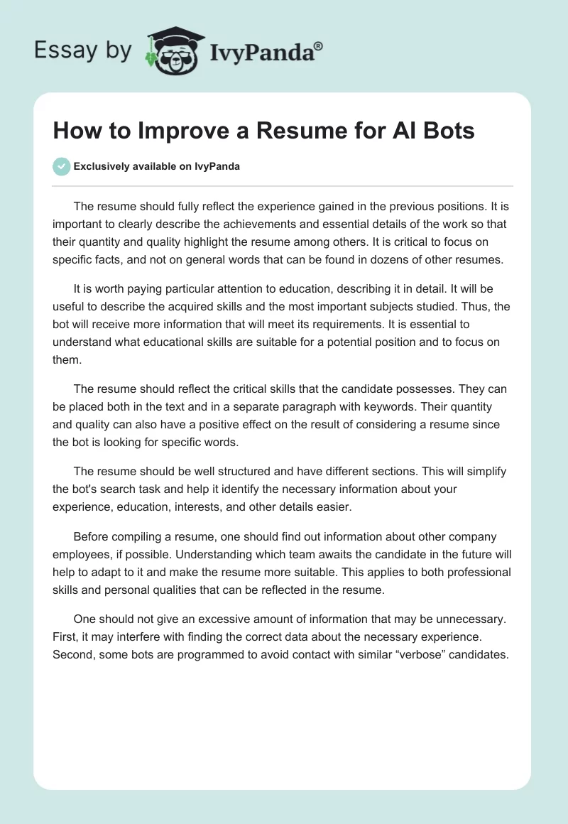 How to Improve a Resume for AI Bots. Page 1
