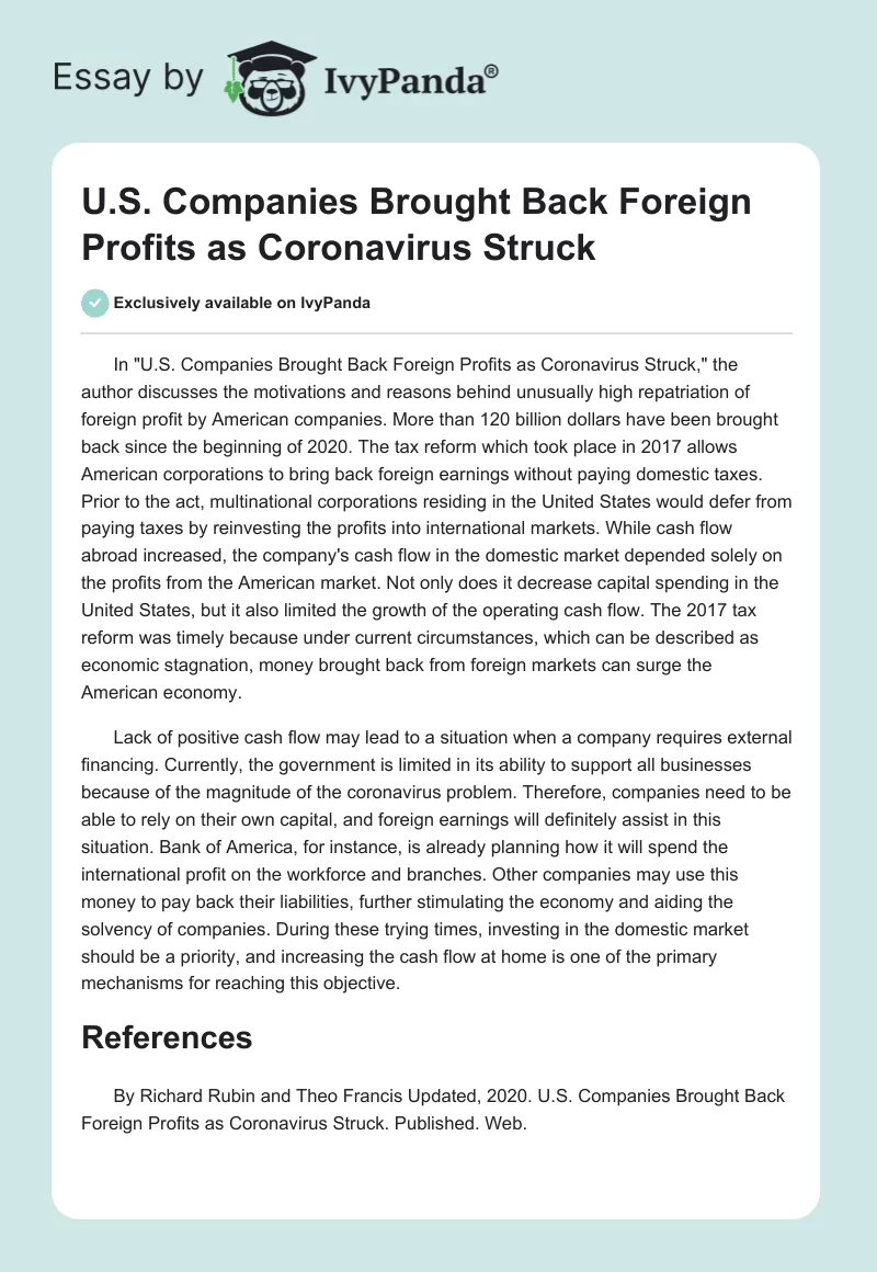 U.S. Companies Brought Back Foreign Profits as Coronavirus Struck. Page 1