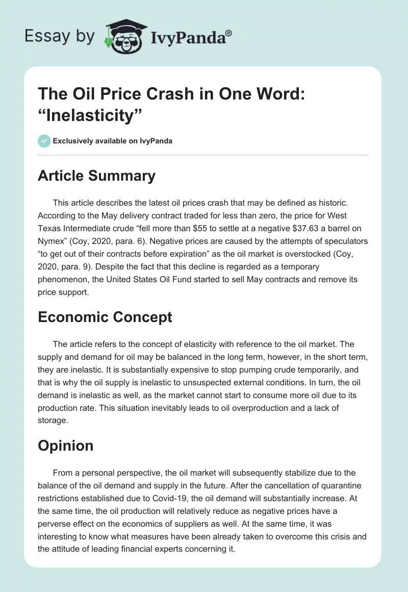 The Oil Price Crash in One Word: “Inelasticity”. Page 1