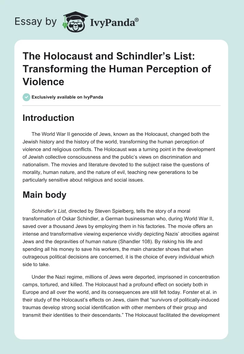 The Holocaust and Schindler’s List: Transforming the Human Perception of Violence. Page 1