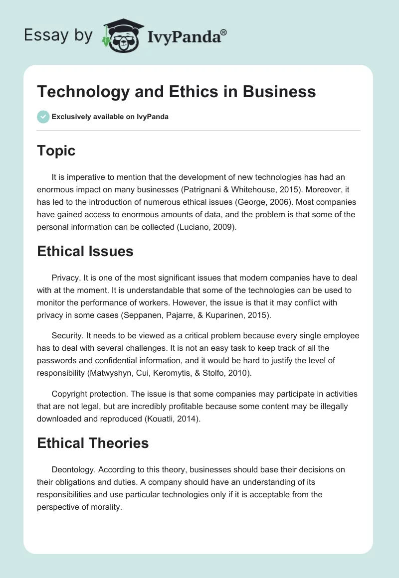 Technology and Ethics in Business. Page 1