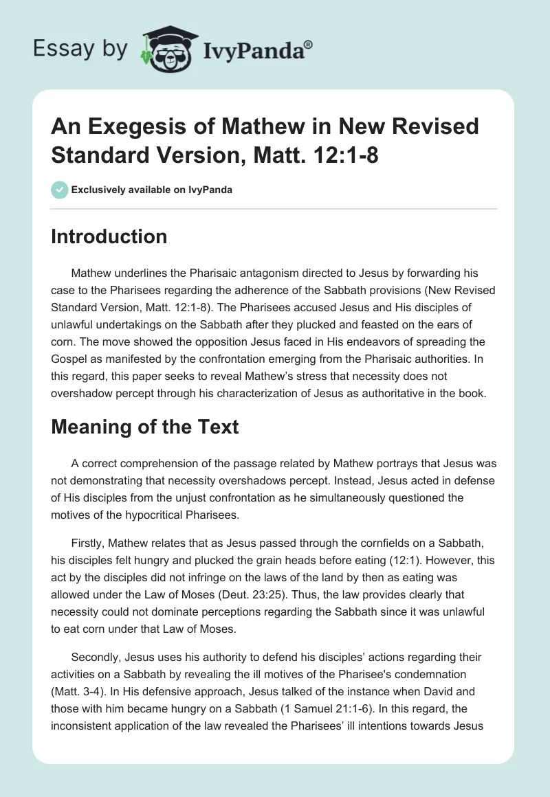 An Exegesis of Mathew in New Revised Standard Version, Matt. 12:1-8. Page 1