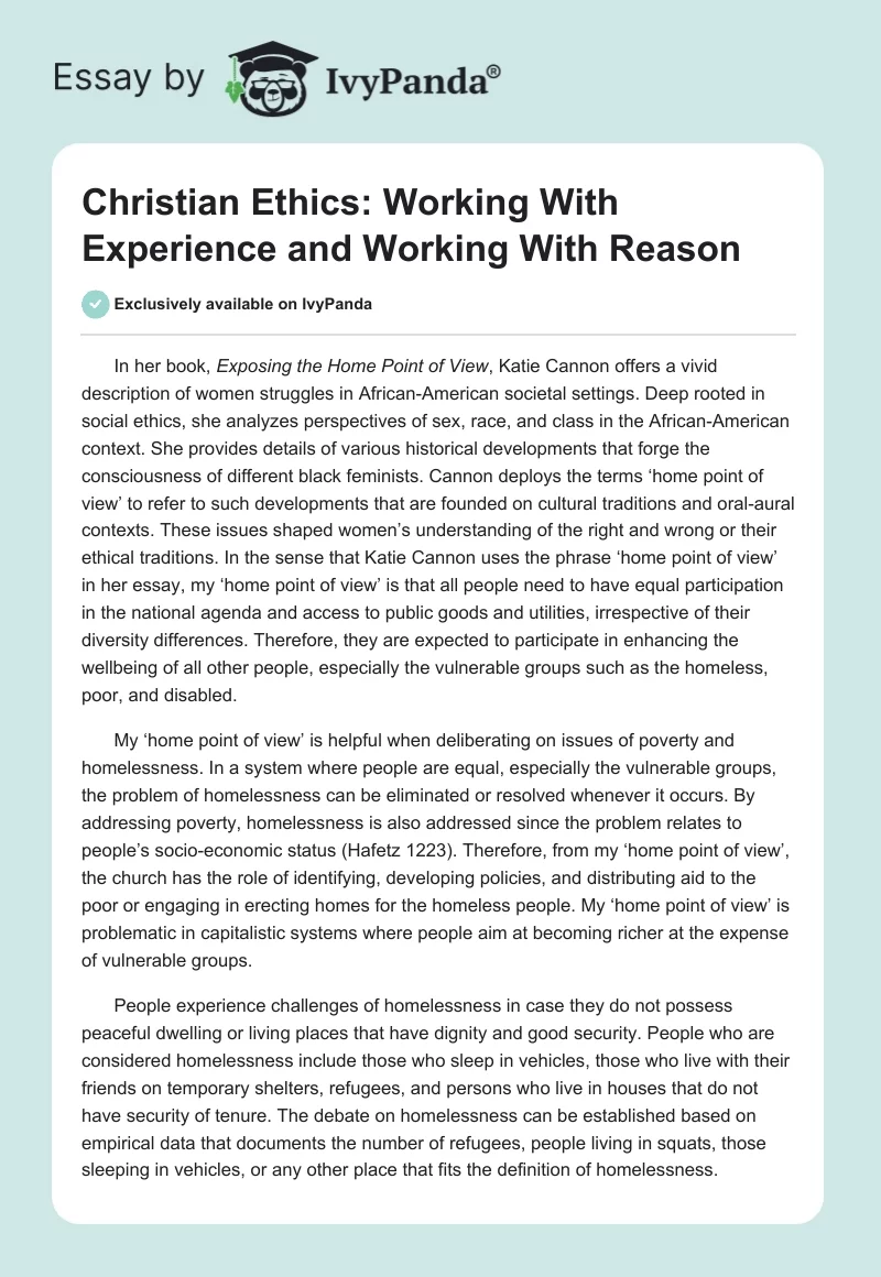 Christian Ethics: Working With Experience and Working With Reason. Page 1