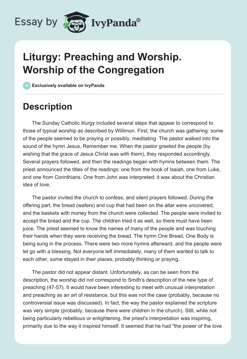 Liturgy: Preaching and Worship. Worship of the Congregation. Page 1