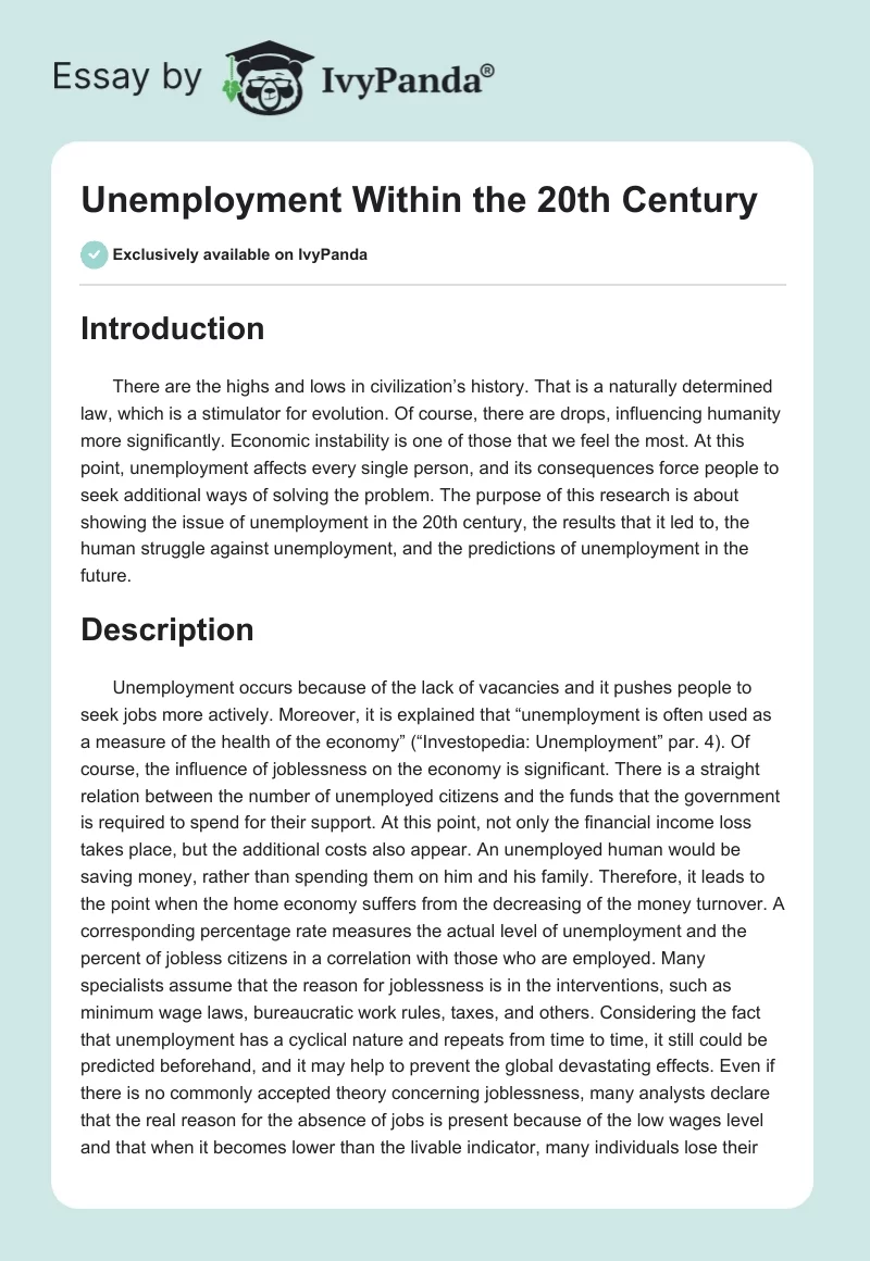 Unemployment Within the 20th Century. Page 1