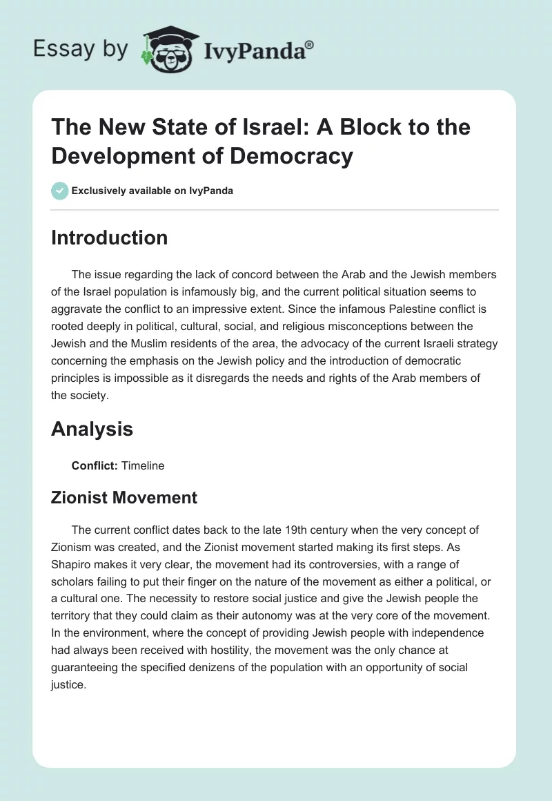 The New State of Israel: A Block to the Development of Democracy. Page 1