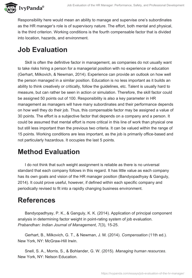 Job Evaluation of the HR Manager: Performance, Safety, and Professional Development. Page 2