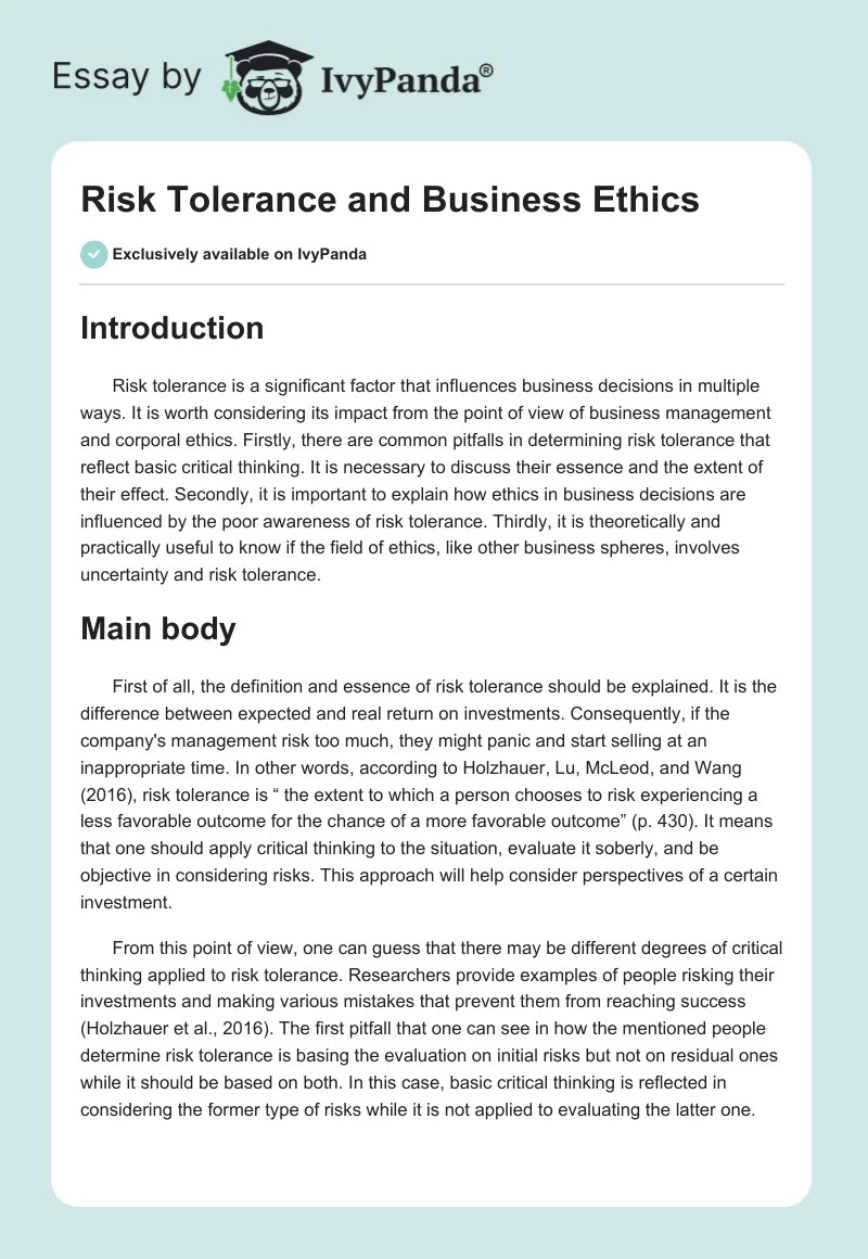 Risk Tolerance and Business Ethics. Page 1
