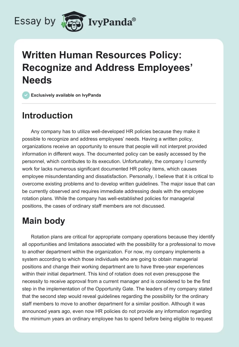 Written Human Resources Policy: Recognize and Address Employees’ Needs. Page 1