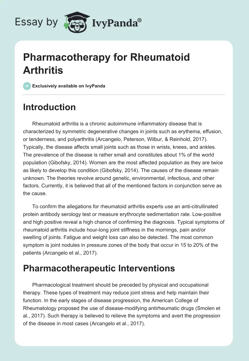 Pharmacotherapy for Rheumatoid Arthritis. Page 1