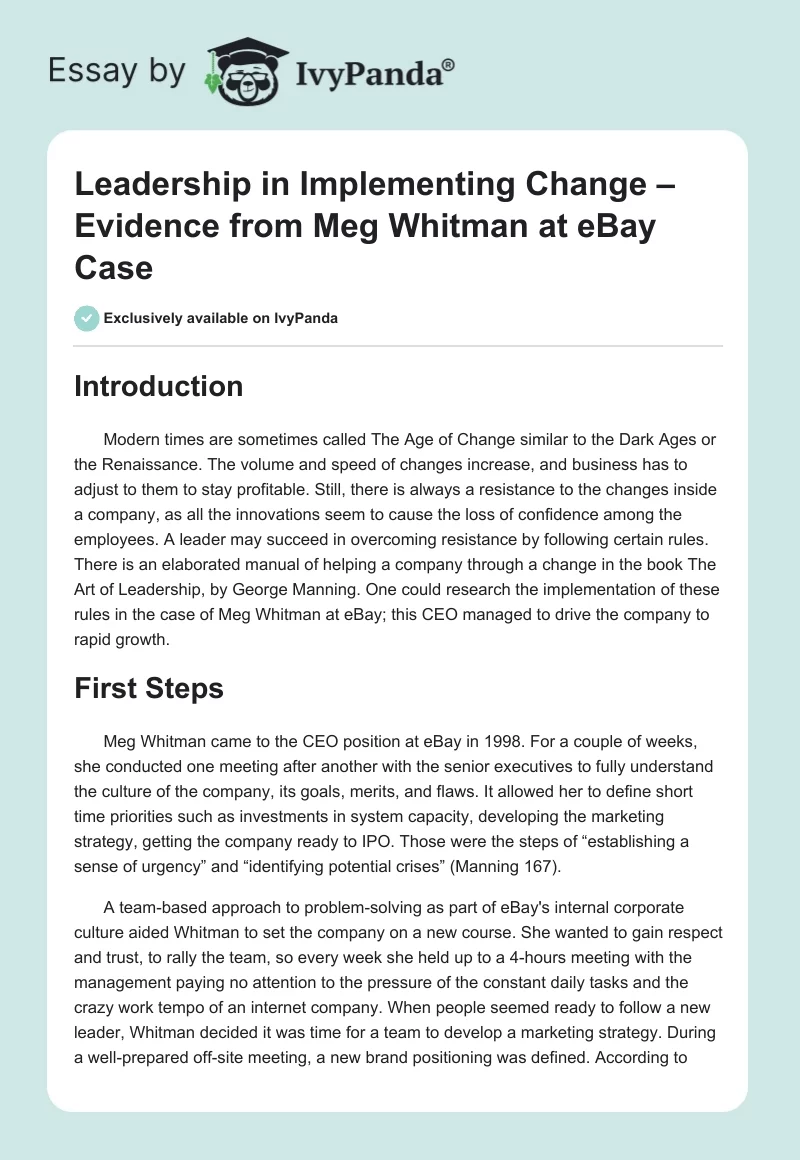 Leadership in Implementing Change – Evidence from Meg Whitman at eBay Case. Page 1